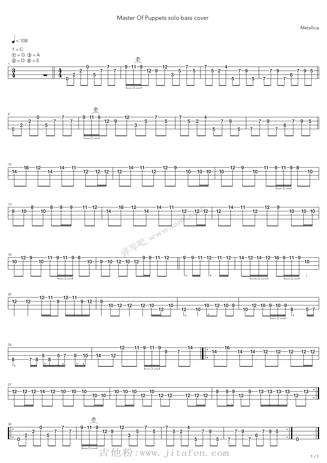 Master Of Puppets (Solo Bass Cover) 吉他谱