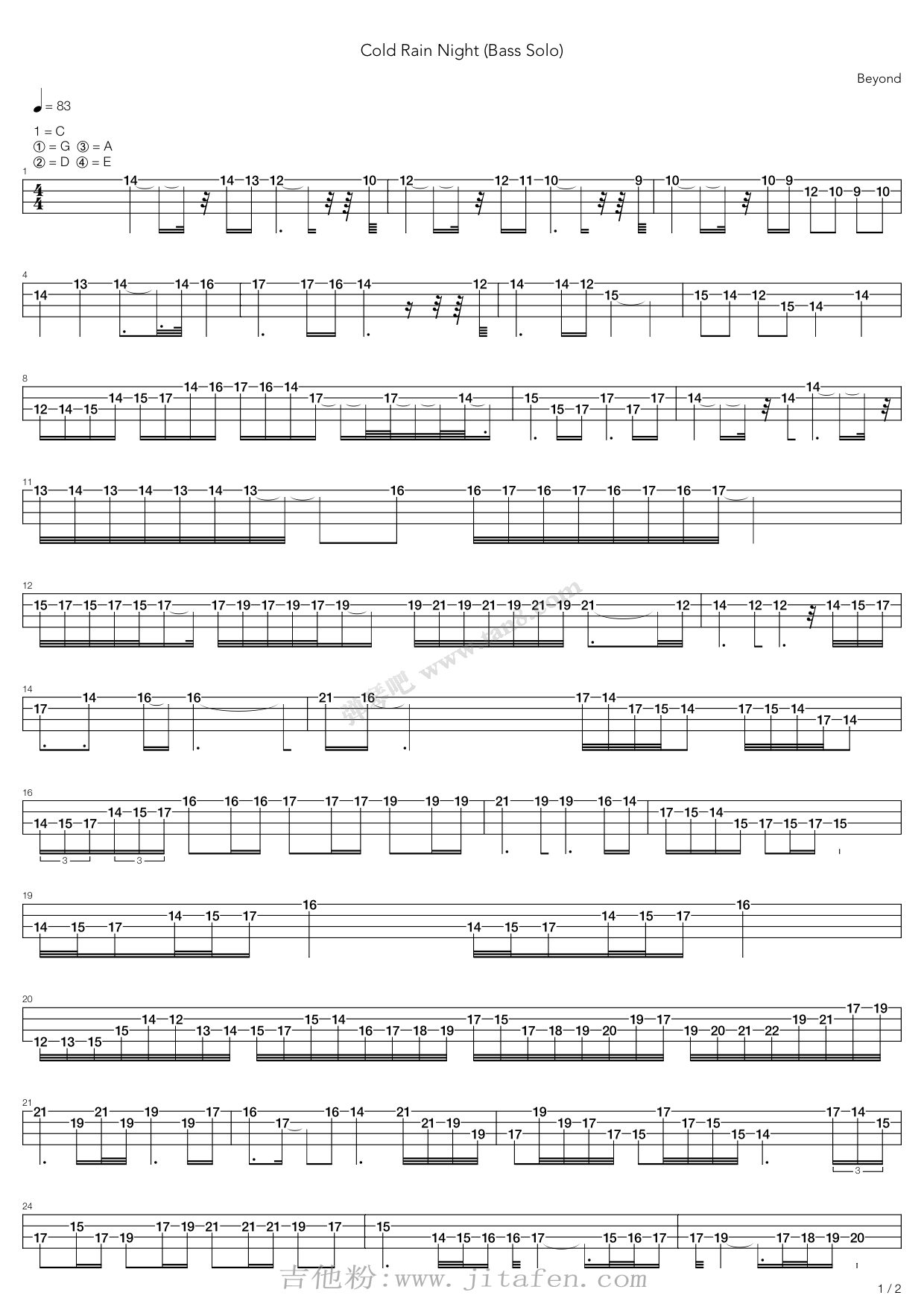Beyond - Cold Rain Night (Bass Solo) 吉他谱