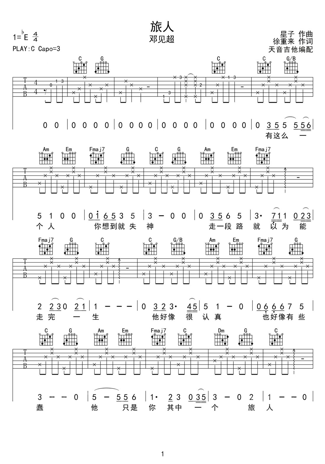 旅人吉他谱_邓见超_C调和弦弹唱谱_完整带前奏_图谱1