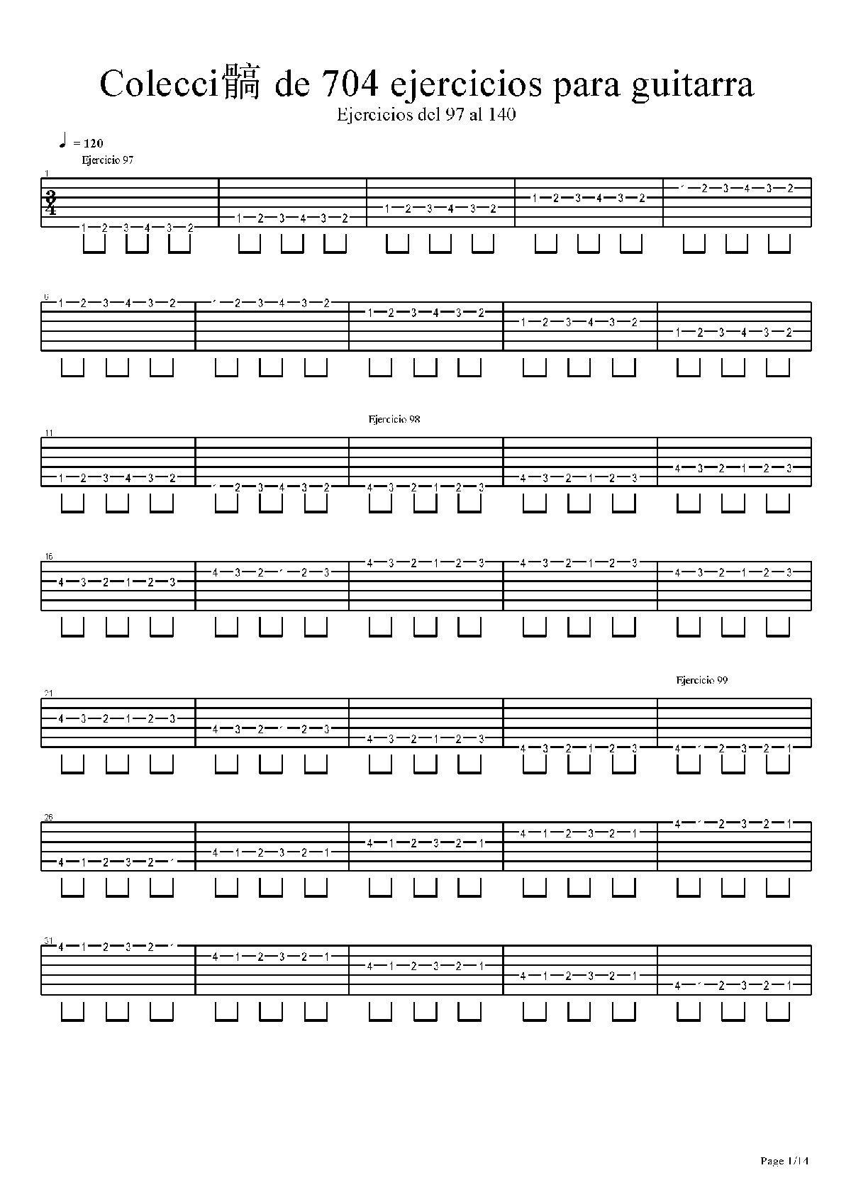 电吉他练习谱《704 exercises for guitar, 1-96 - Exercises 97-140》