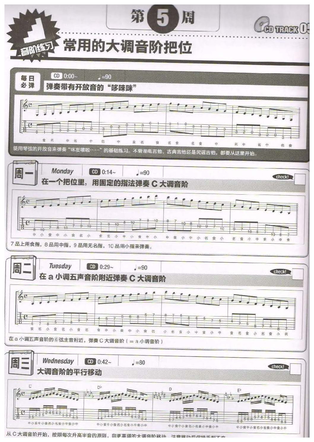 电吉他365日练习《常用的大调音阶把位》第5周