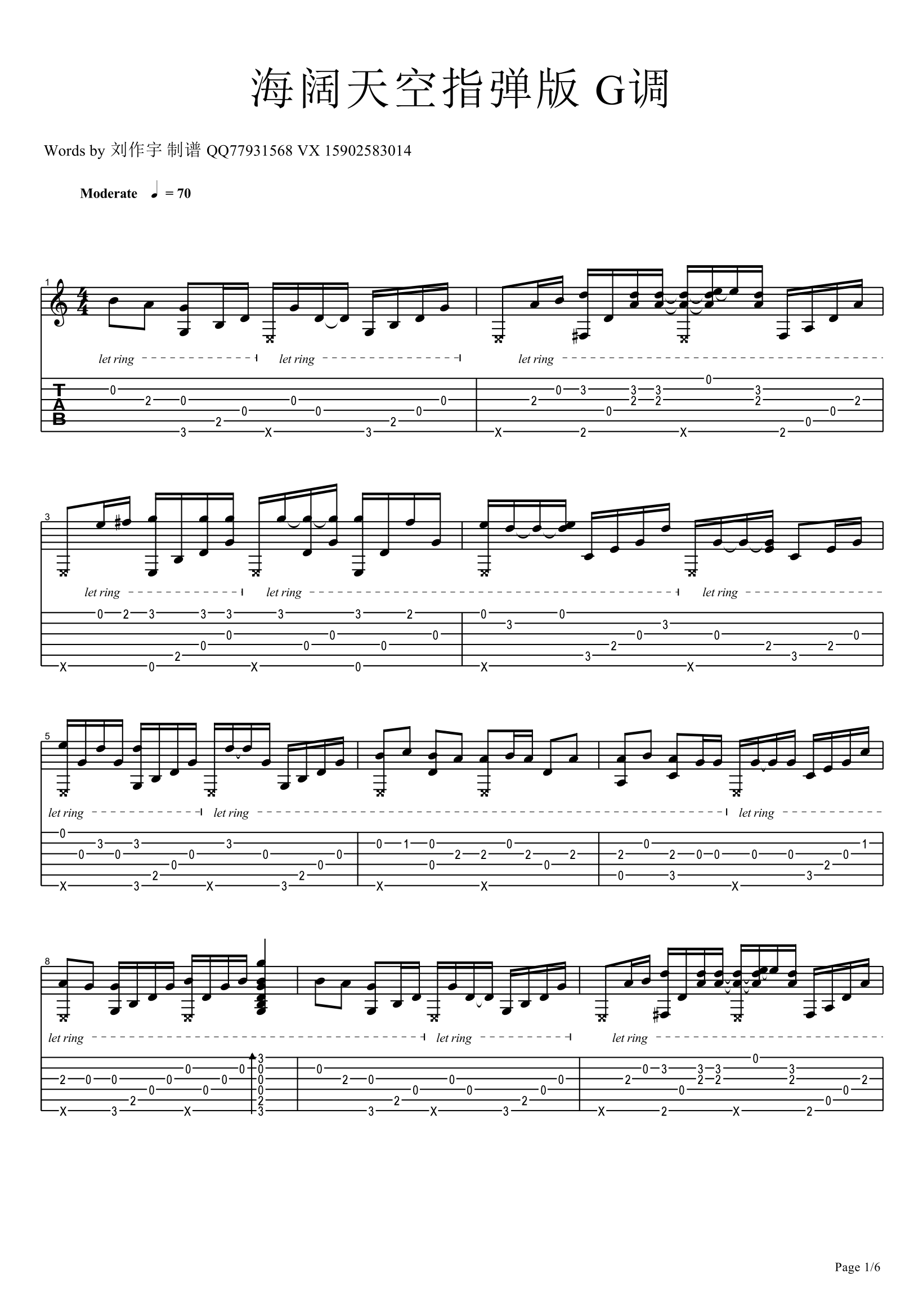 海阔天空指弹吉他谱预览图