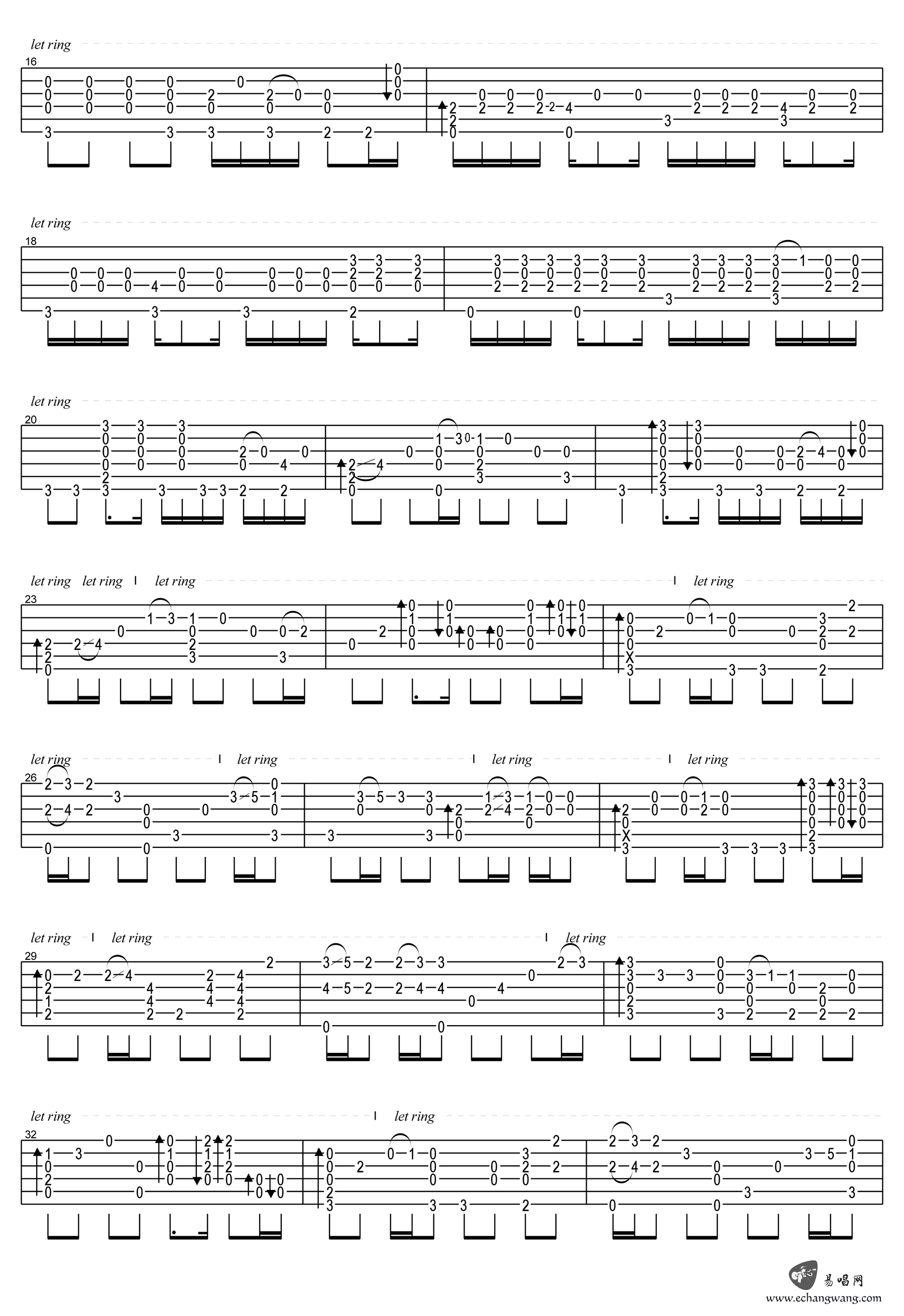 晴天指弹吉他谱预览图