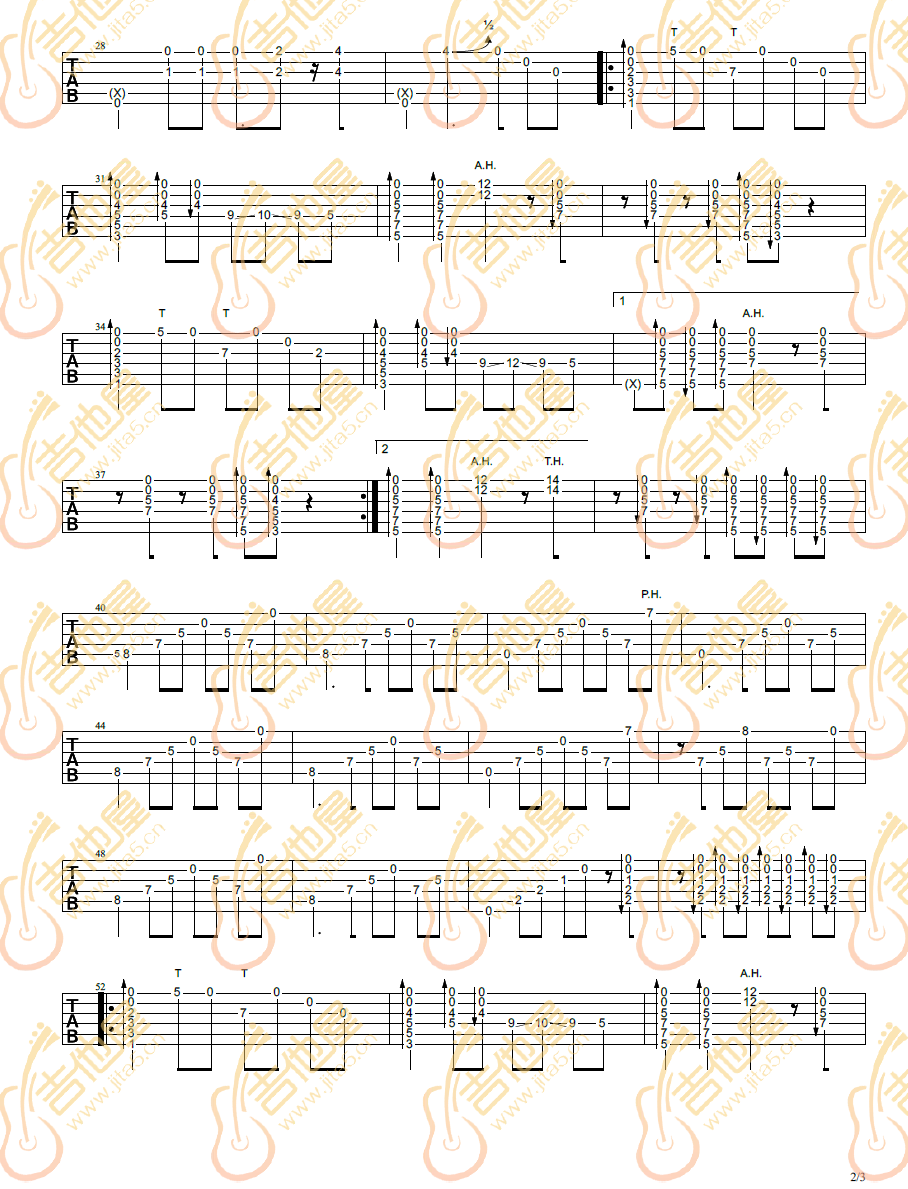 太阳花指弹吉他谱_孙培博_吉他指弹谱_高清独奏六线谱2