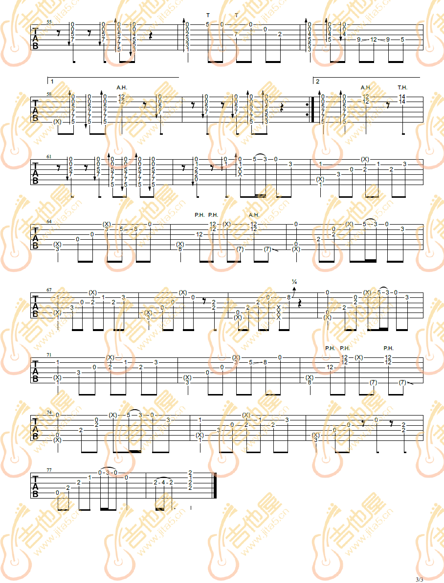 太阳花指弹吉他谱_孙培博_吉他指弹谱_高清独奏六线谱3