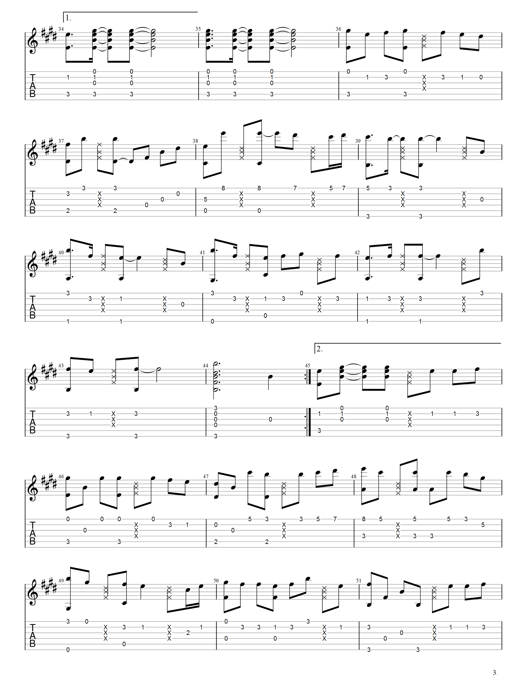 纸短情长指弹谱_烟把儿乐队_吉他指弹谱_高清独奏六线谱3