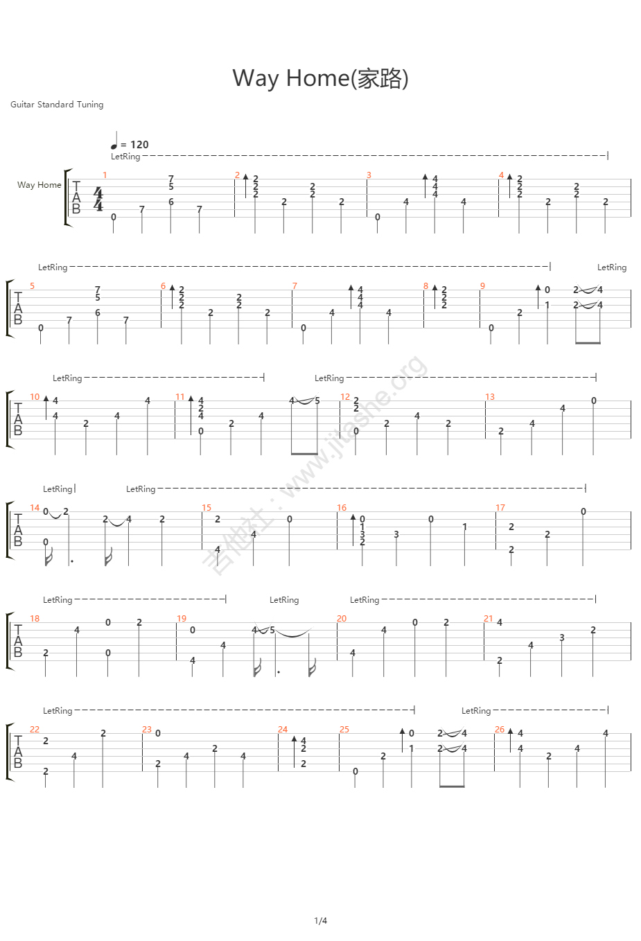 Way Home指弹吉他谱_押尾桑_吉他指弹谱_高清独奏六线谱1