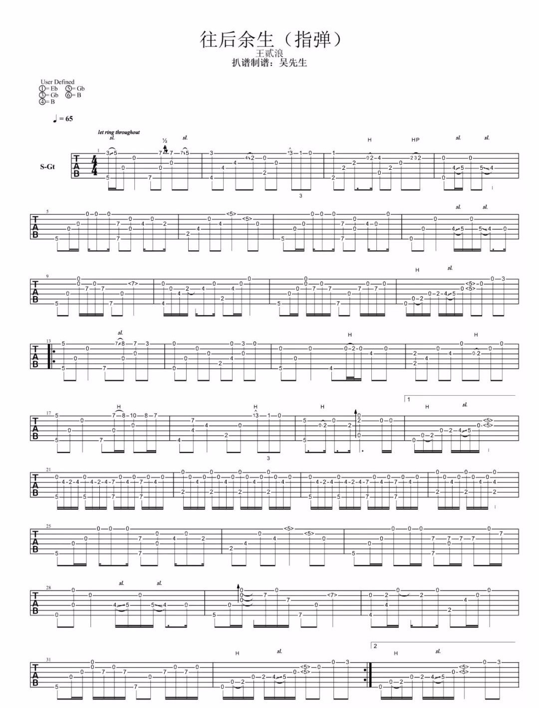 往后余生指弹吉他谱1-王贰浪