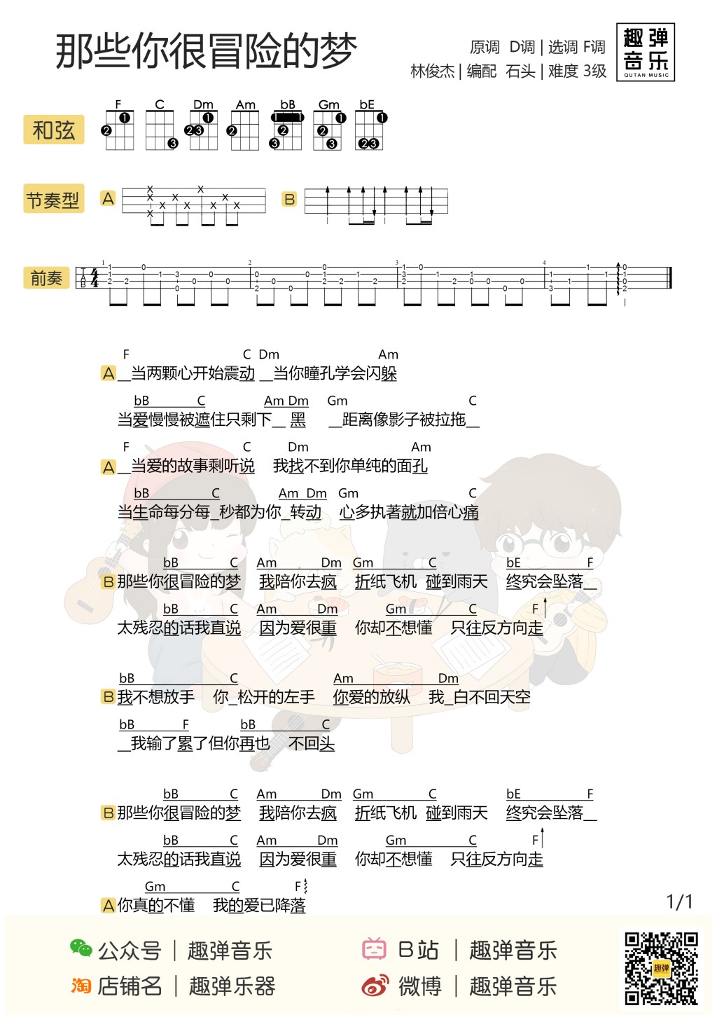 那些你很冒险的梦尤克里里谱-林俊杰-F调指法
