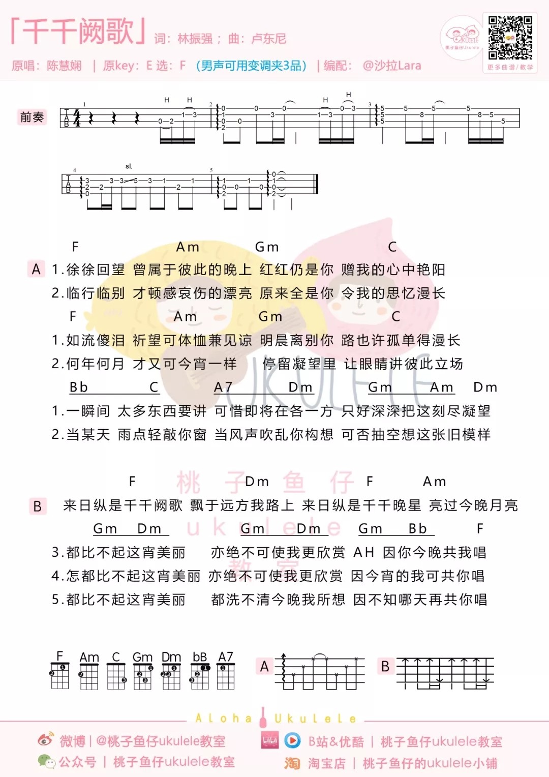千千阙歌尤克里里谱-陈慧娴-F调指法