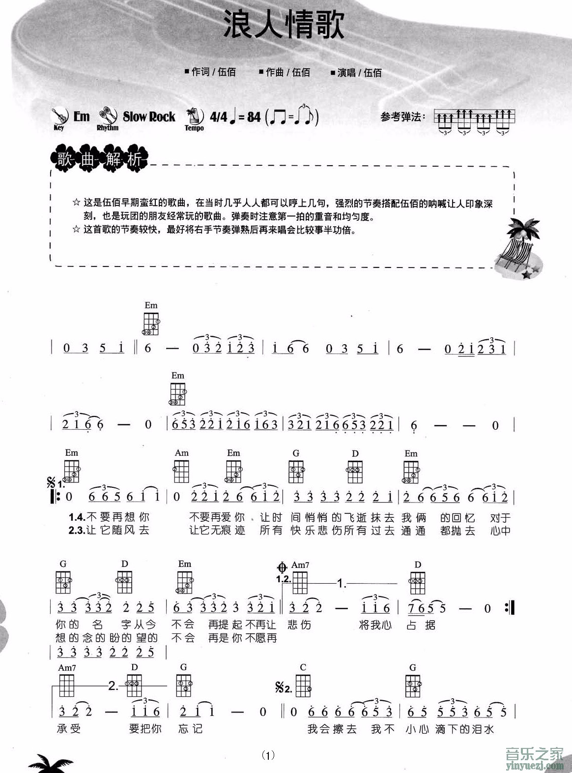 浪人情歌尤克里里谱1-伍佰-G调指法