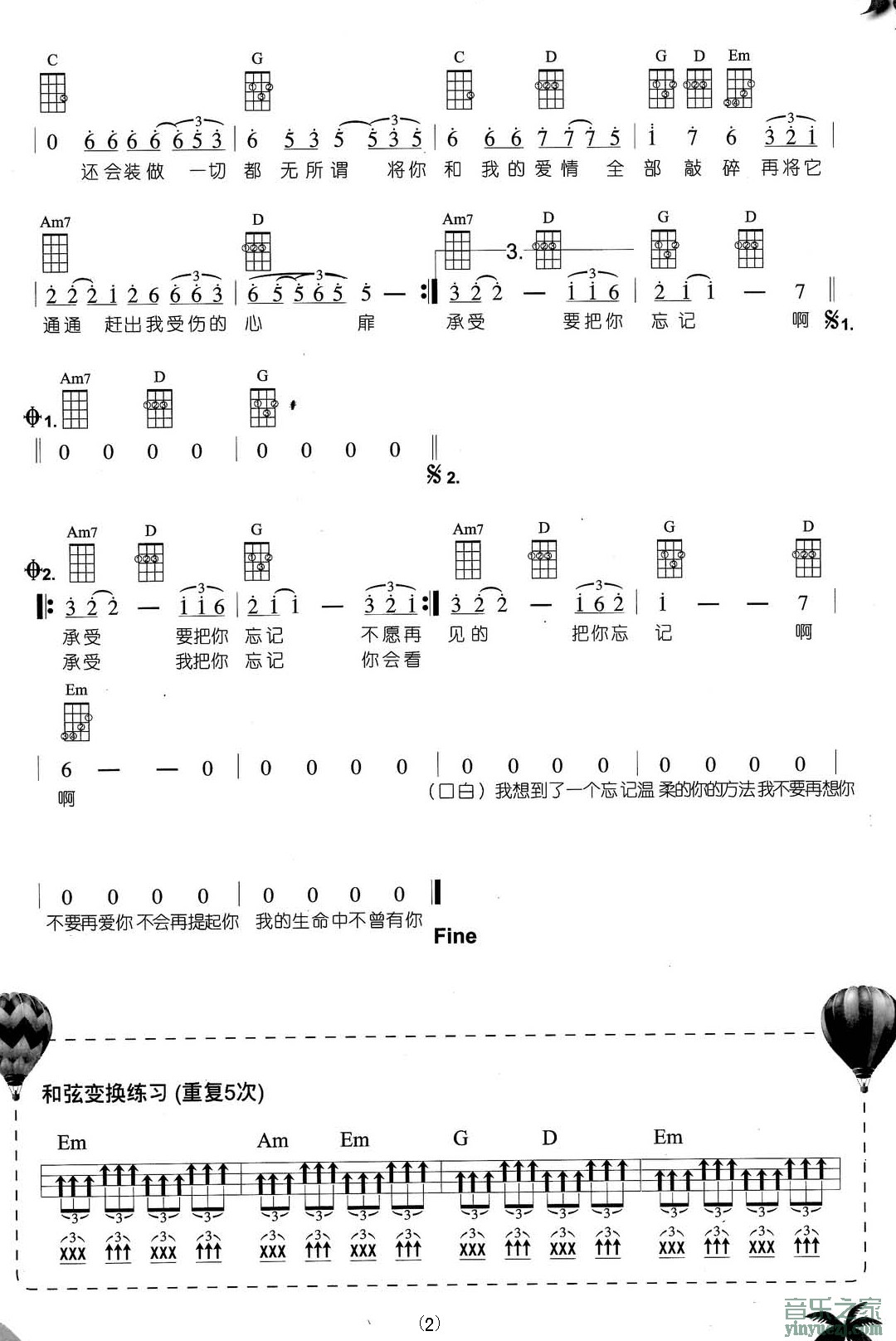 浪人情歌尤克里里谱2-伍佰-G调指法