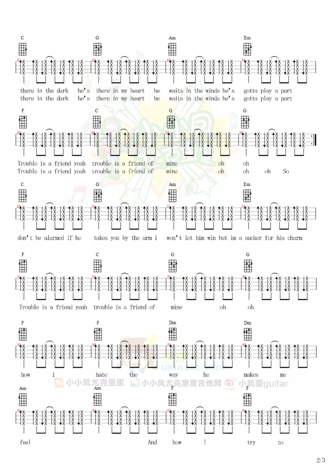 Trouble-Is-A-Friend尤克里里谱2-Lenka-C调指法