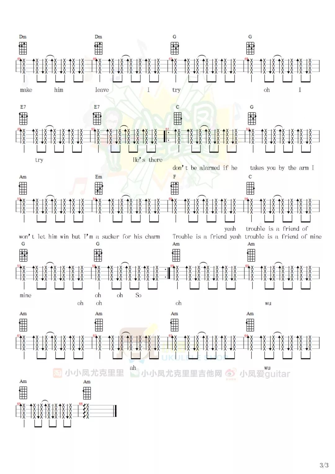 Trouble-Is-A-Friend尤克里里谱3-Lenka-C调指法