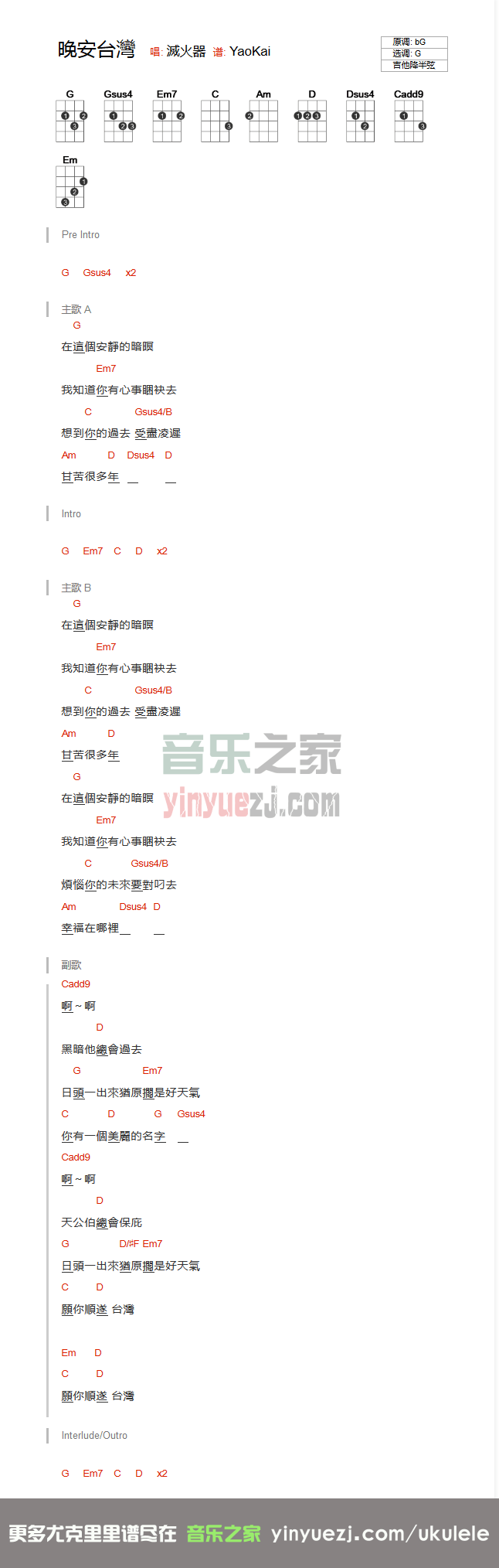 晚安台湾尤克里里谱-灭火器-G调指法