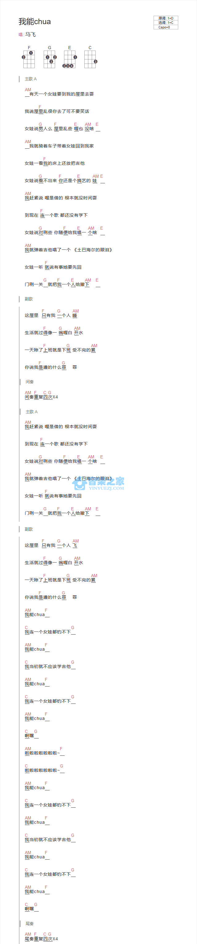 我能Chua尤克里里谱-马飞-C调指法
