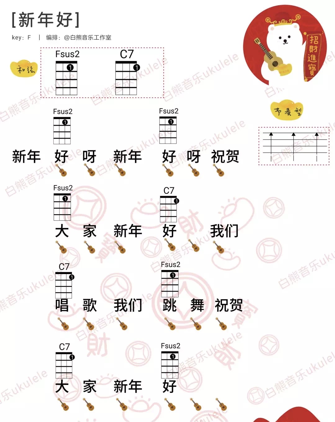 新年好尤克里里谱-F调指法
