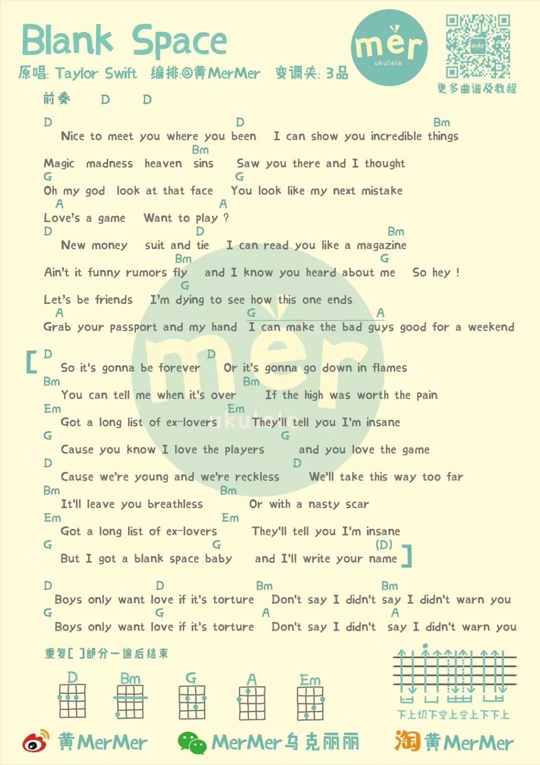 Blank-Space尤克里里谱-Taylor-Swift-D调指法