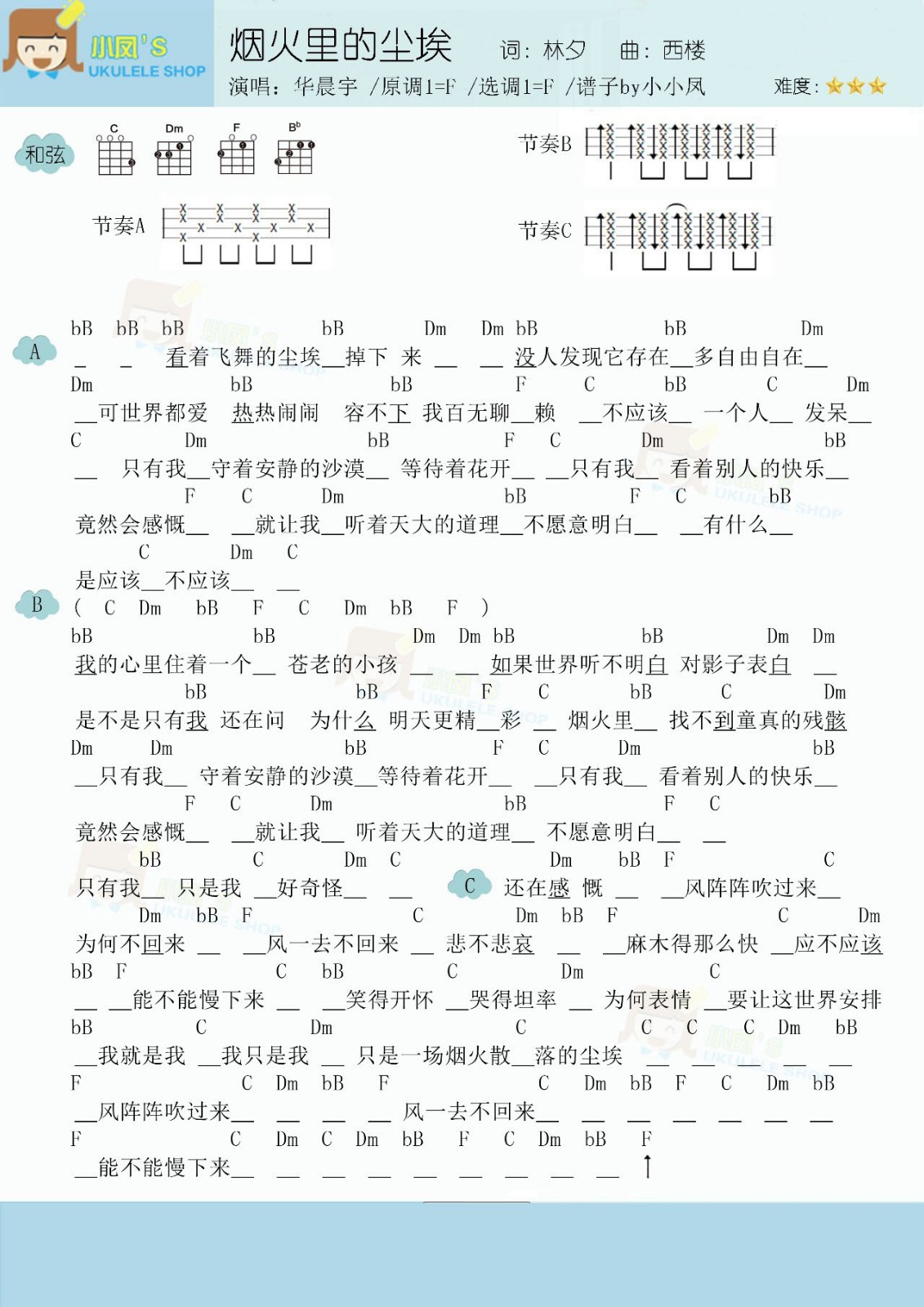 烟火里的尘埃尤克里里谱-华晨宇-F调指法