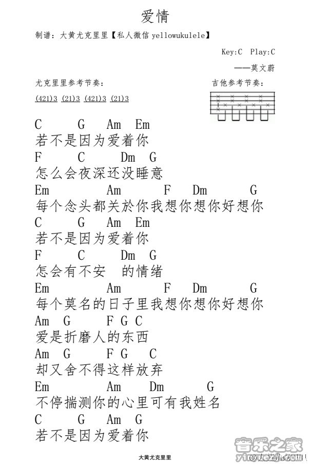 爱情尤克里里谱1-莫文蔚-C调指法