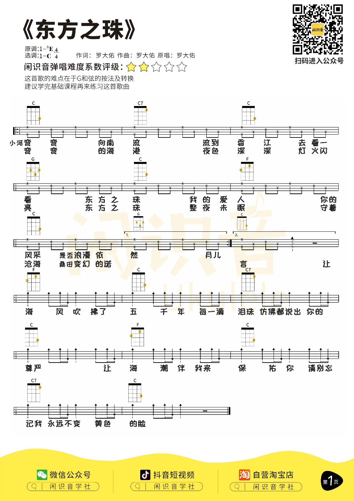东方之珠尤克里里谱-罗大佑-C调指法
