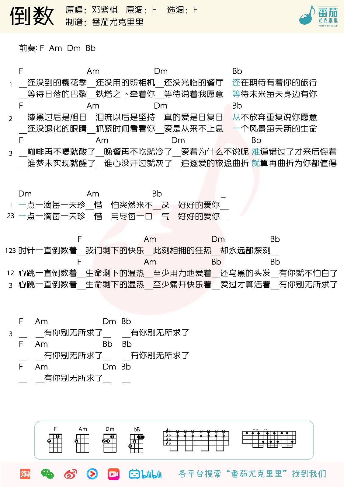 倒数尤克里里谱-邓紫棋-F调指法