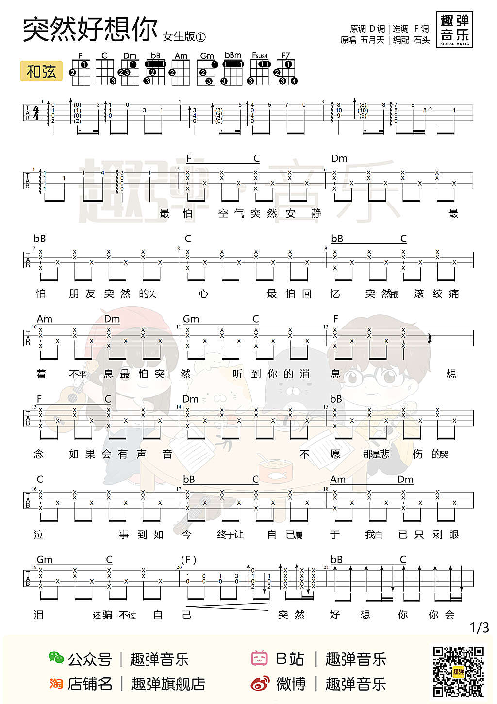 突然好想你尤克里里谱1-五月天-F调指法