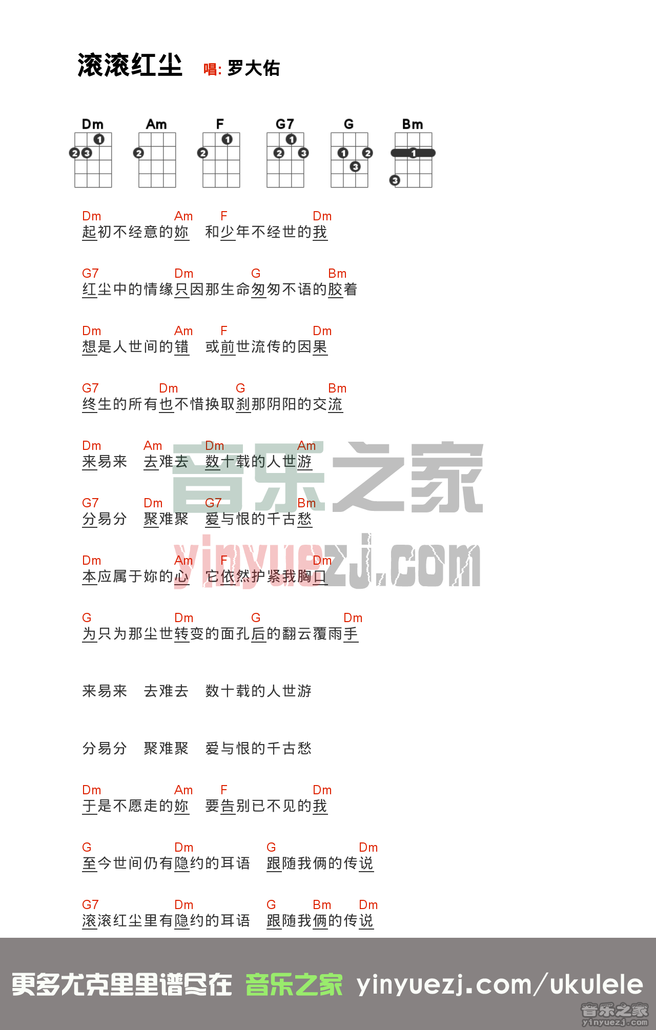 滚滚红尘尤克里里谱-罗大佑-C调指法