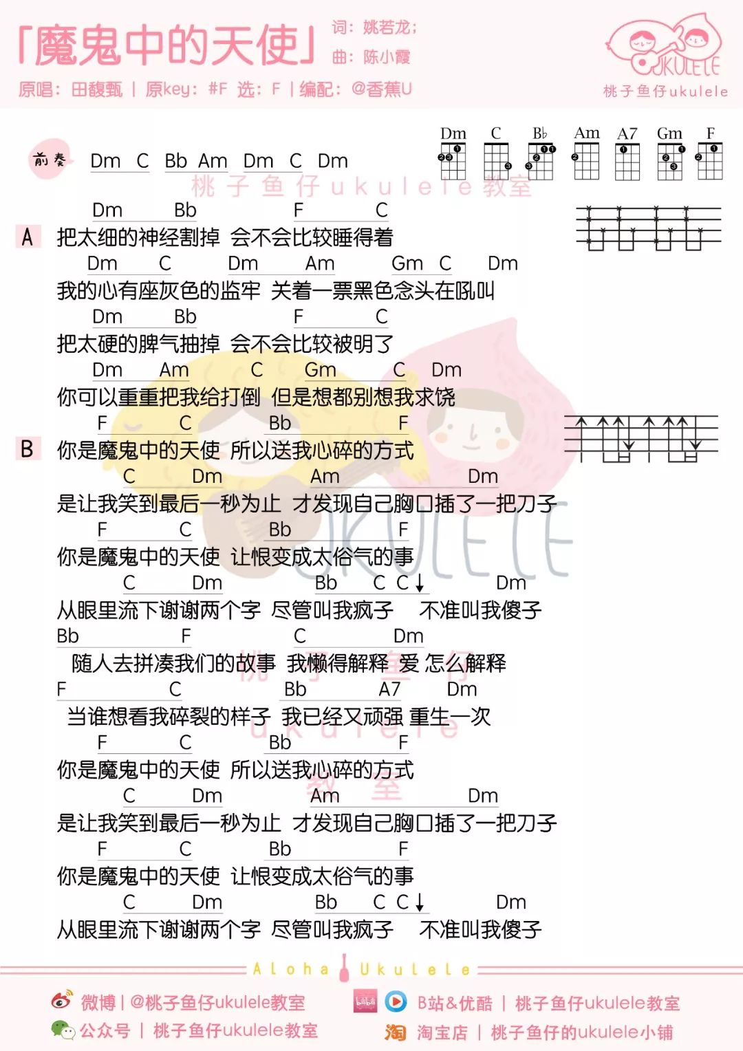 魔鬼中的天使尤克里里谱-田馥甄-F调指法