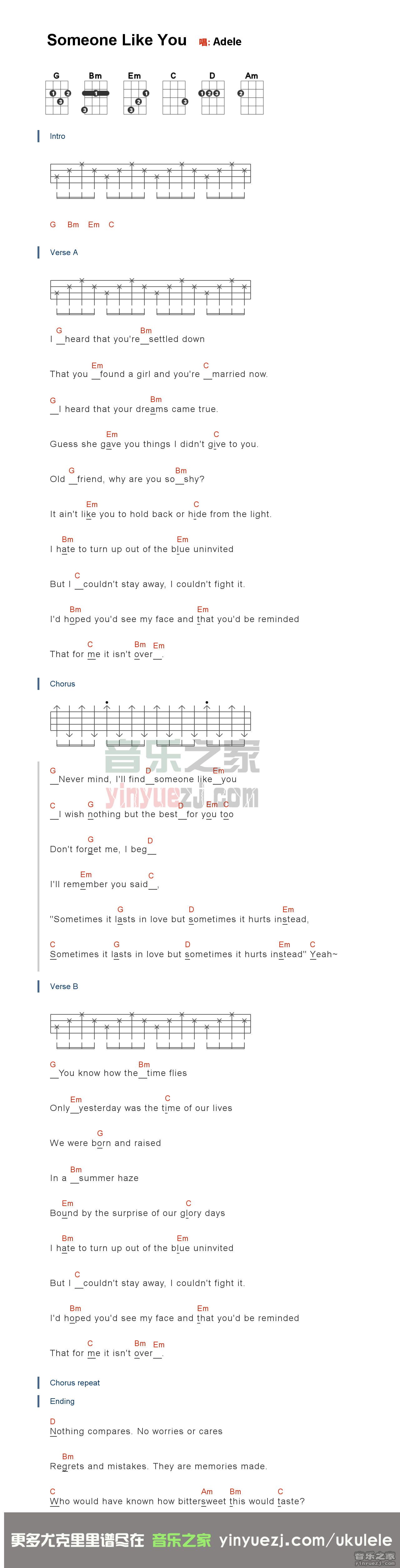 Someone-Like-You尤克里里谱-Adele-G调指法