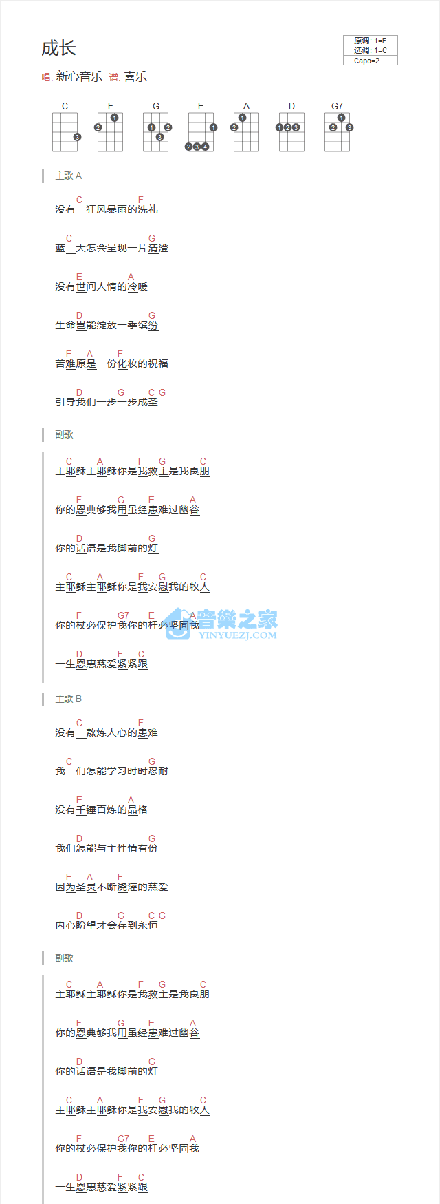 成长尤克里里谱-新心音乐-C调指法