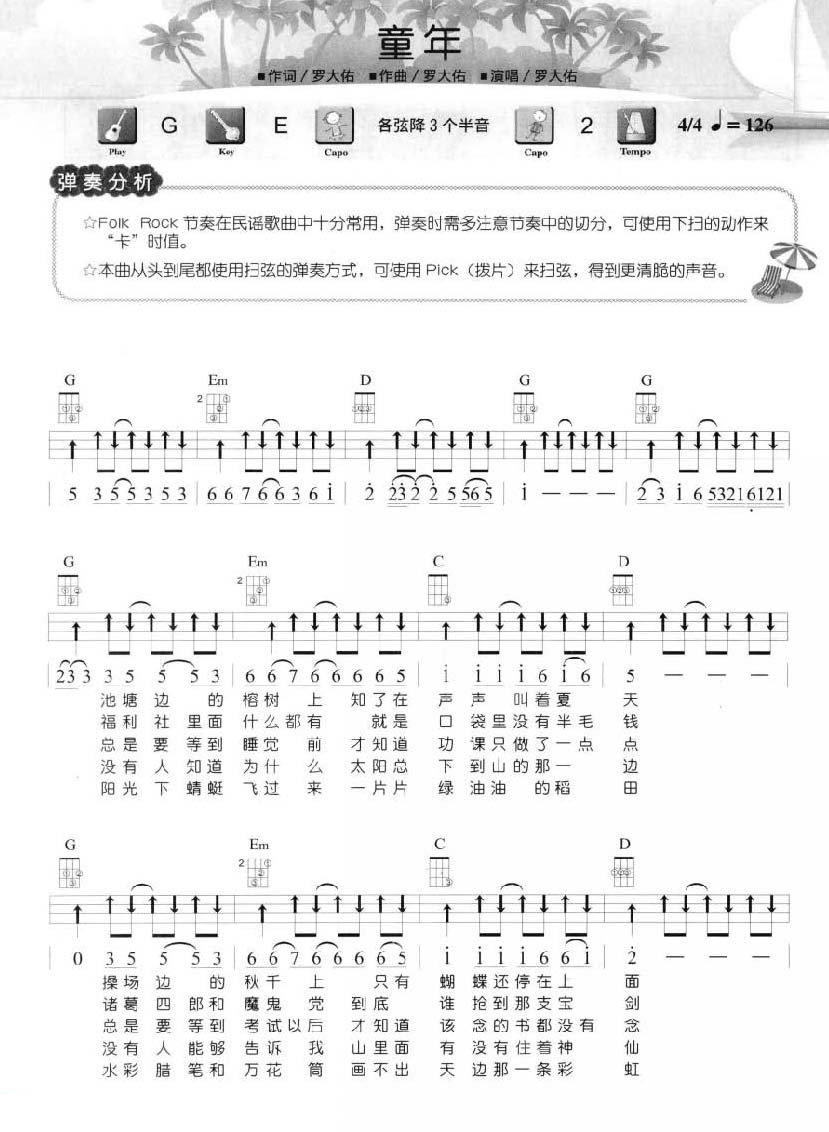 童年尤克里里谱1-罗大佑-G调指法