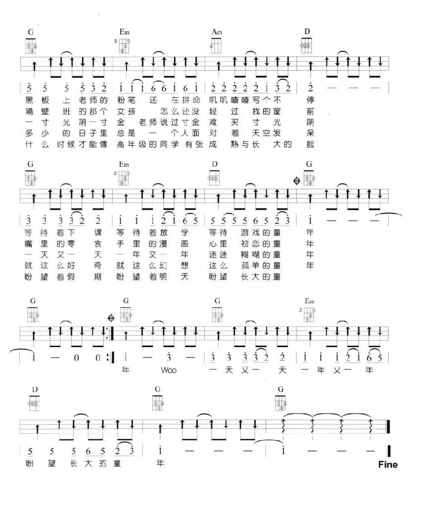 童年尤克里里谱2-罗大佑-G调指法