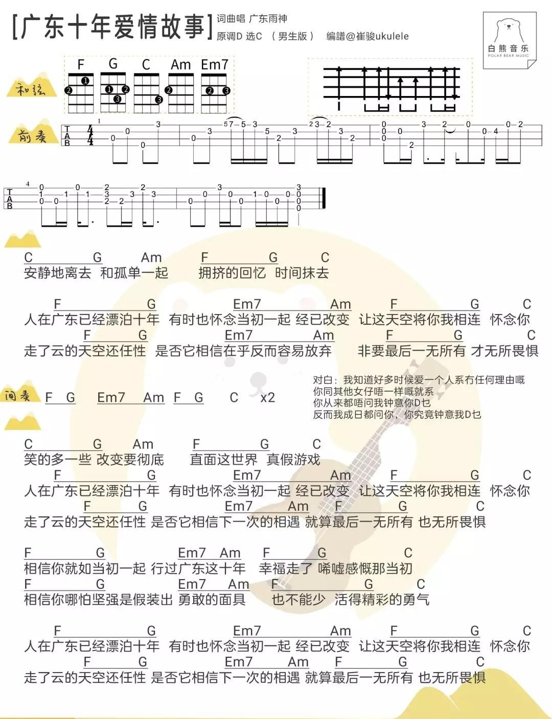 广东爱情故事尤克里里谱1-广东雨神-C调指法