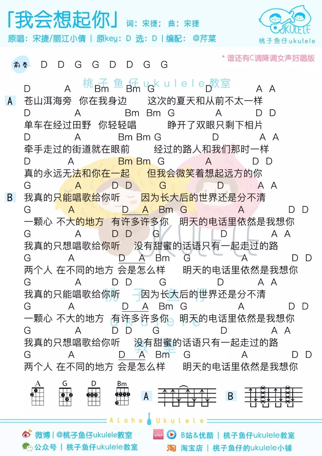 我会想起你尤克里里谱-宋捷-D调指法