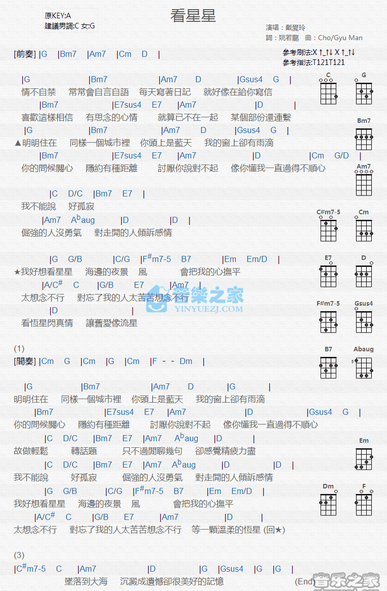看星星尤克里里谱-戴爱玲-G调指法