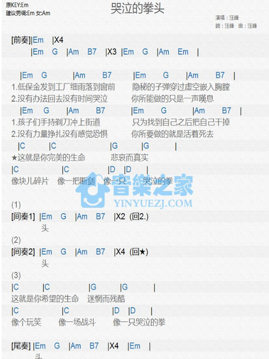 哭泣的拳头尤克里里谱-汪峰-G调指法