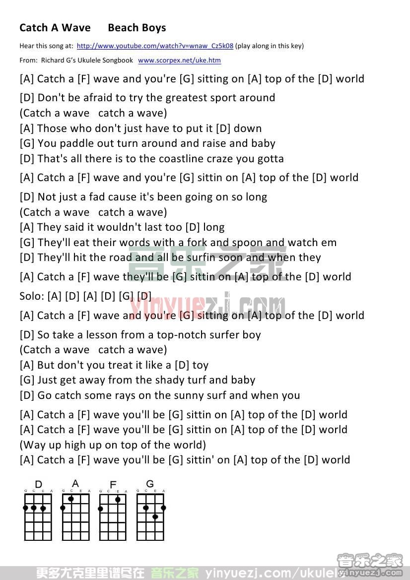 Catch-A-Wave尤克里里谱-Beach-Boys-D调指法