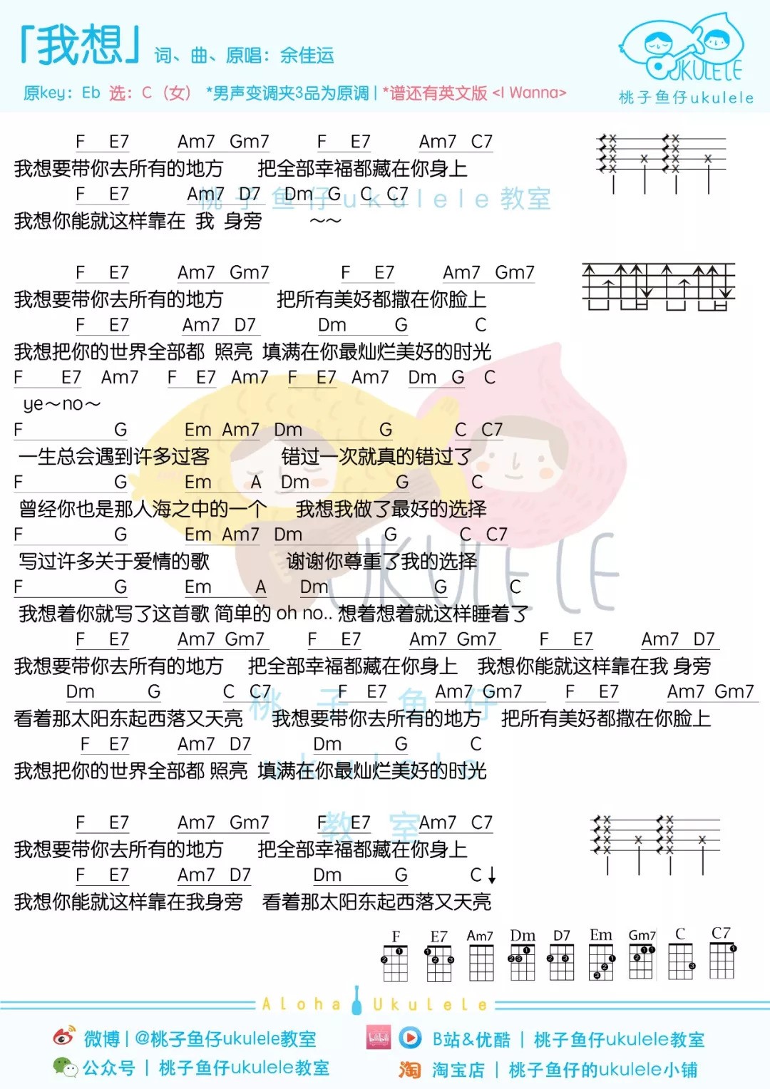 我想尤克里里谱-余佳运-C调指法