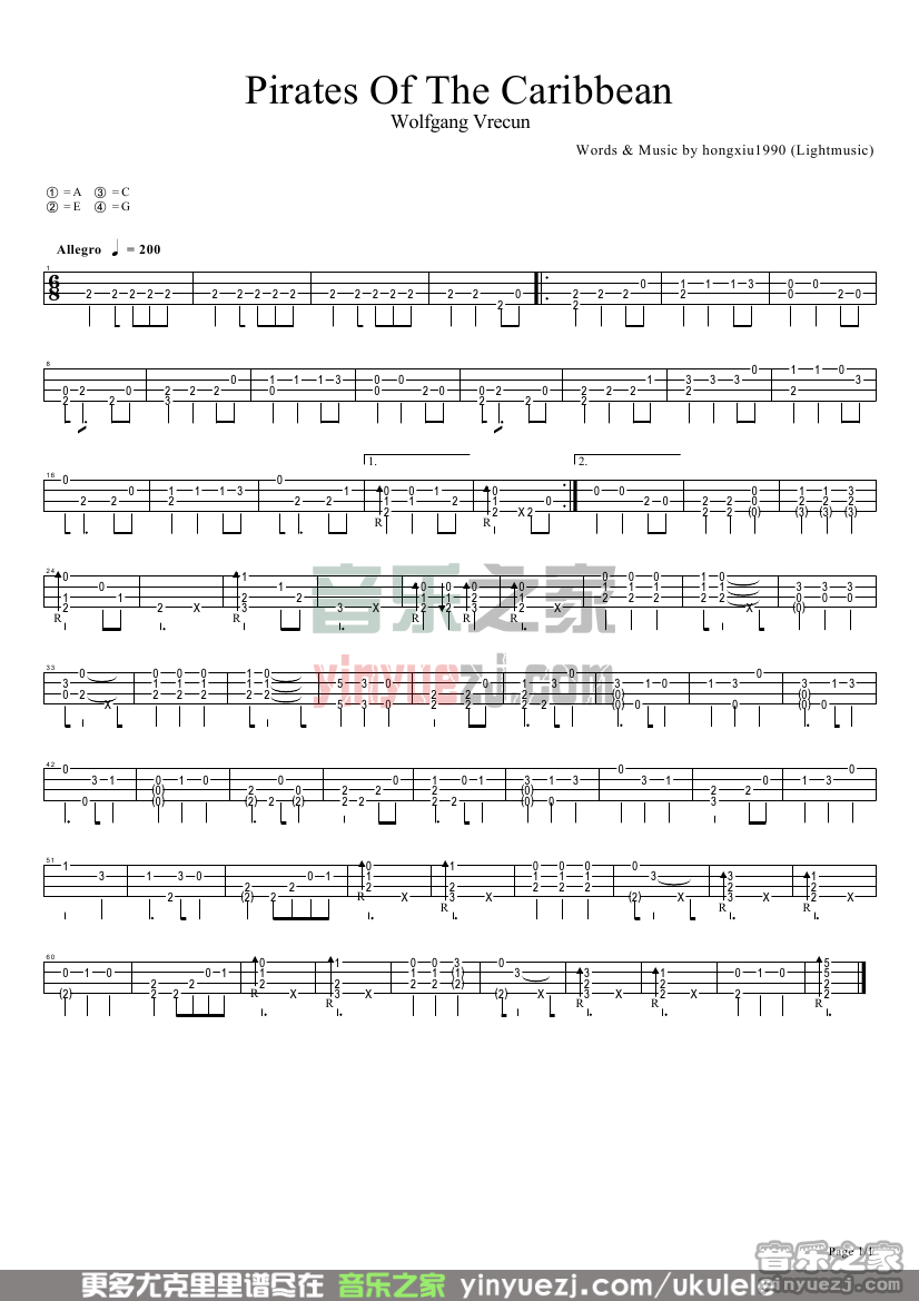 加勒比海盗尤克里里指弹谱-2CELLOS