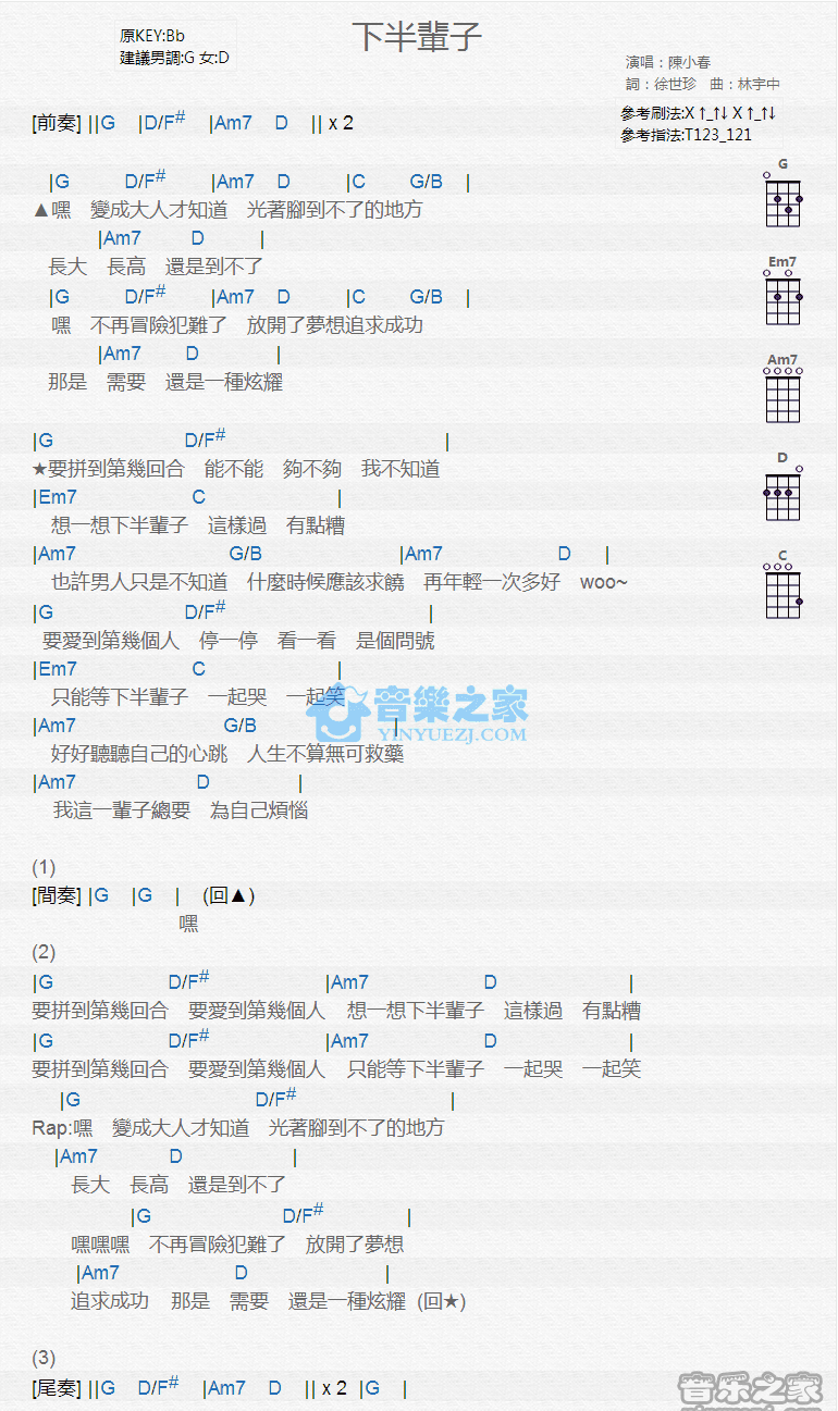下半辈子尤克里里谱-陈小春-G调指法