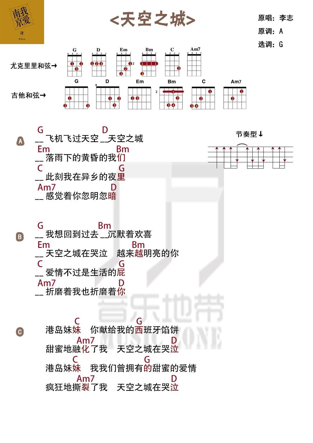 天空之城尤克里里谱1-李志-G调指法