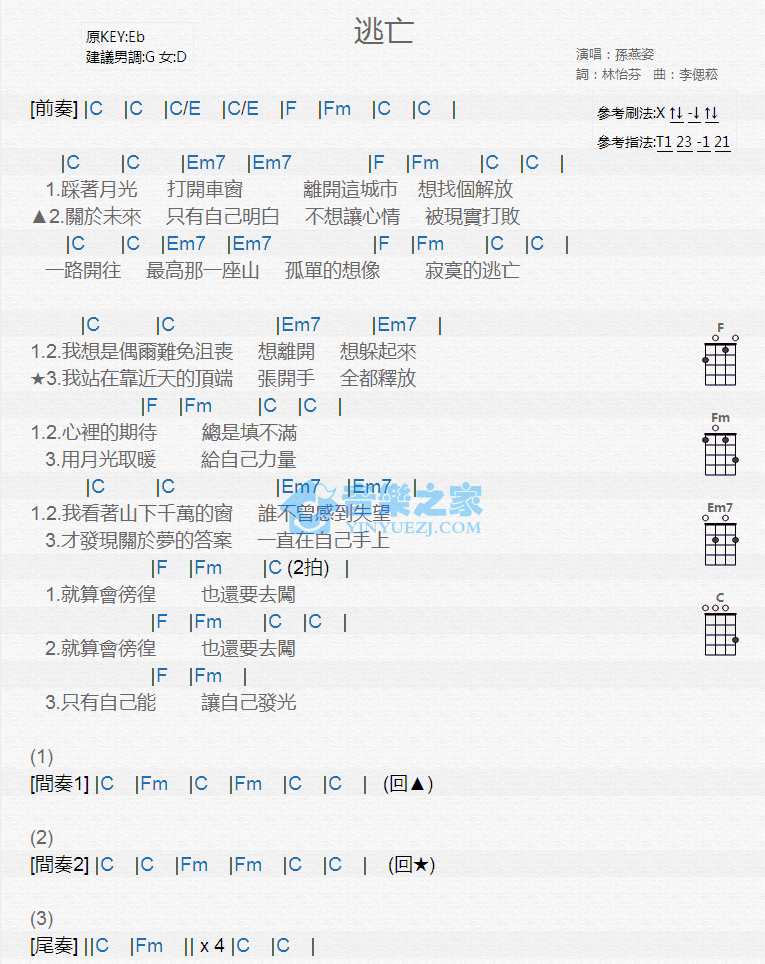 逃亡尤克里里谱1