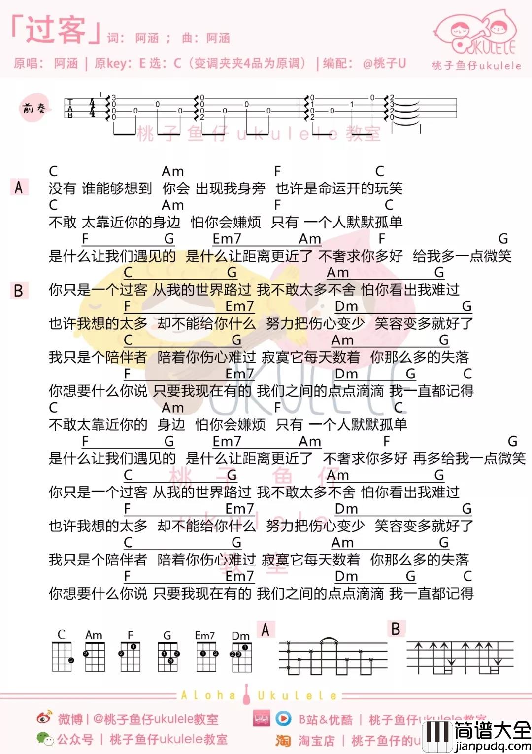 过客尤克里里谱_阿涵_是否能带你寻回曾经擦肩而过，却已铭心刻骨的那位过客