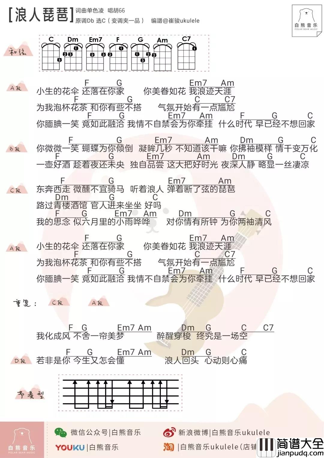 浪人琵琶尤克里里谱_胡66_一把琵琶就能浪迹天涯，这首歌果然没有浪得虚名