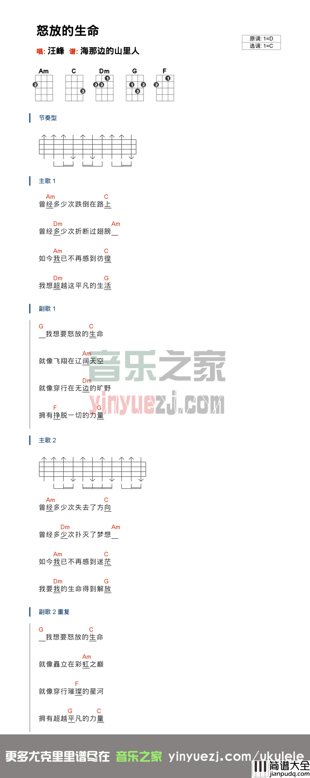 怒放的生命尤克里里谱_汪峰_我要我的生命得到解放