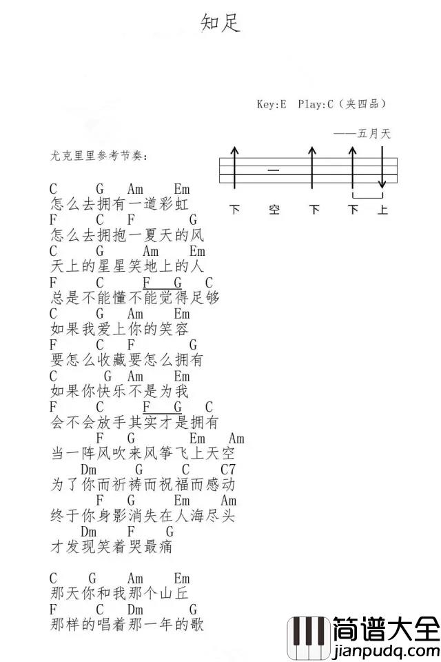 知足_尤克里里谱___五月天__明明想紧握，却必须放手，椎心刺骨的知足。