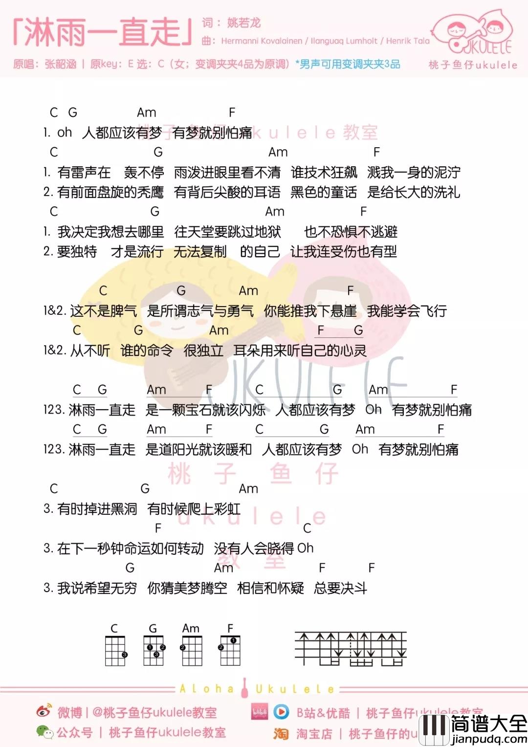 淋雨一直走尤克里里谱_张韶涵_你能推我下悬崖，我就能学会飞行