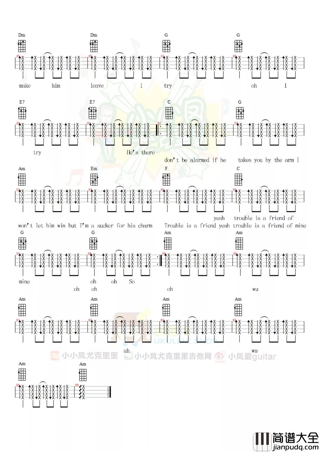 Trouble_is_a_friend尤克里里谱_Lenka_麻烦如影随形的跟着我