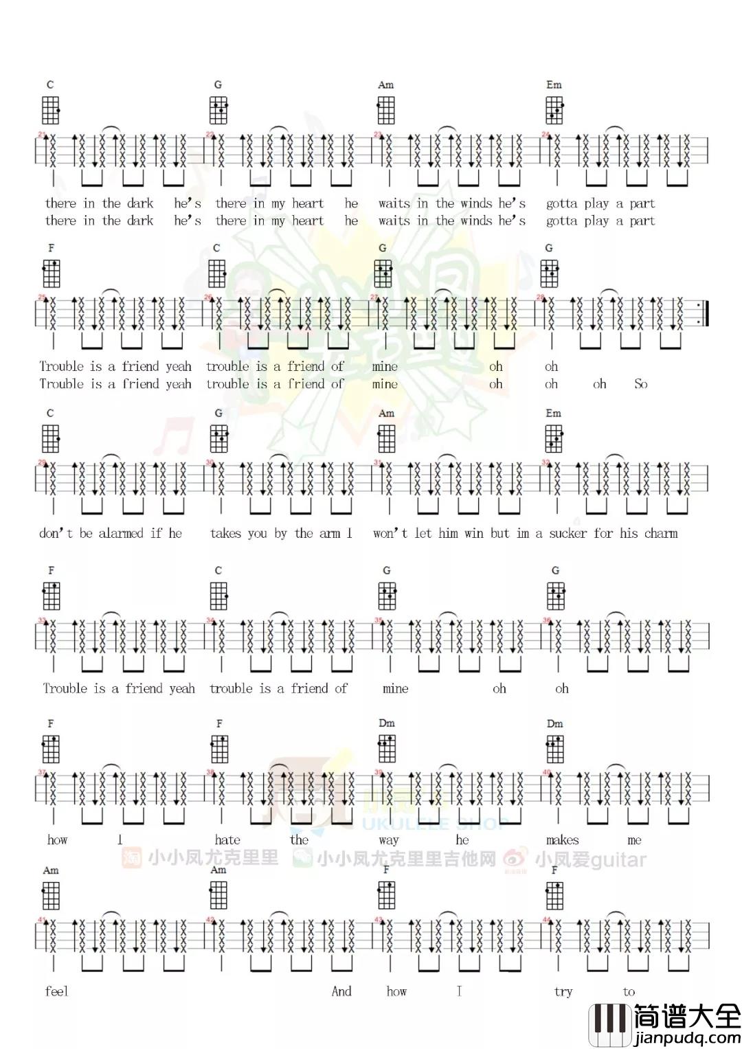 Trouble_is_a_friend尤克里里谱_Lenka_麻烦如影随形的跟着我